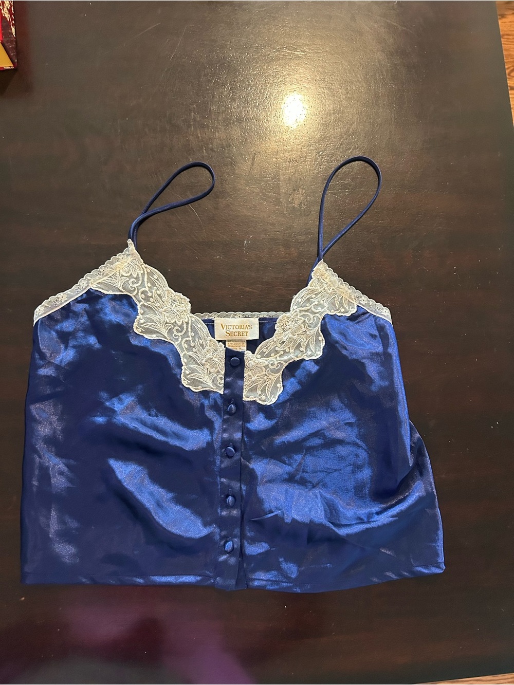 Victoria's Secret Vintage Gold Label Navy Satin Lace Trim Cami